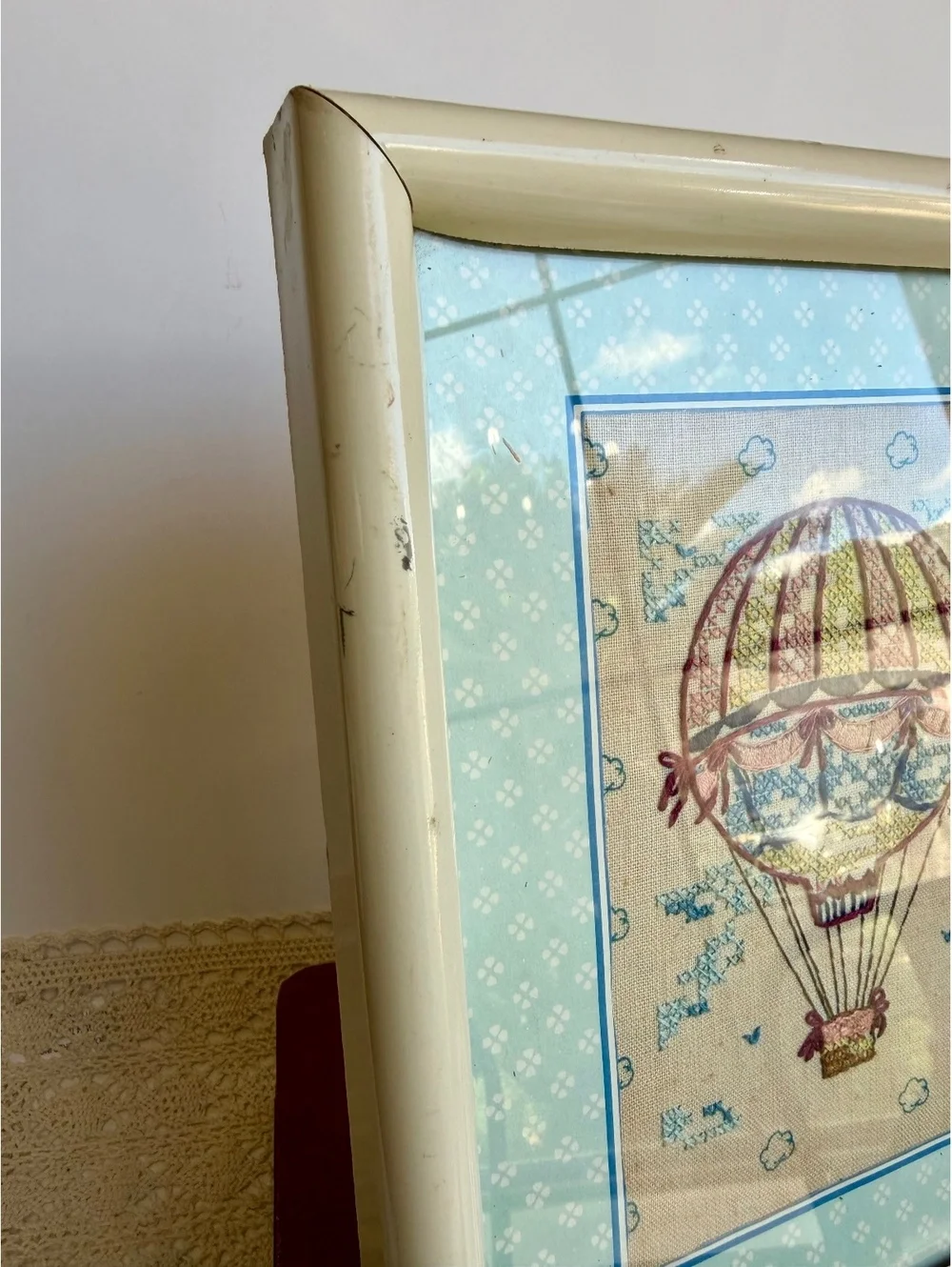 Vintage Framed Hot Air Balloon Crewel Embroidery Needlework Wall Art